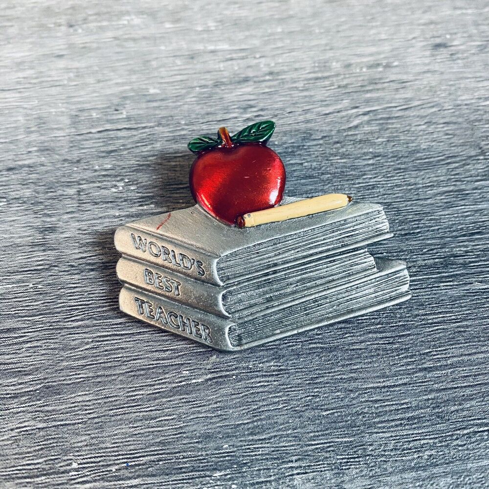 Vintage Spoontiques Worlds Best Teacher Brooch Pewter Books Apple Pencil